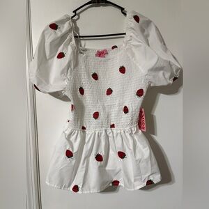 Coco & Shay strawberry embroidered peplum smocked babydoll top 1XL